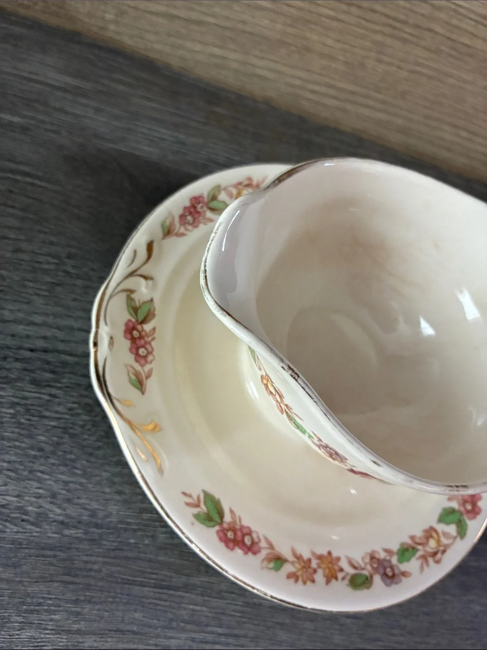 Crown Potteries Co. Floral Gravy Boat with attached Underplate Made in USA